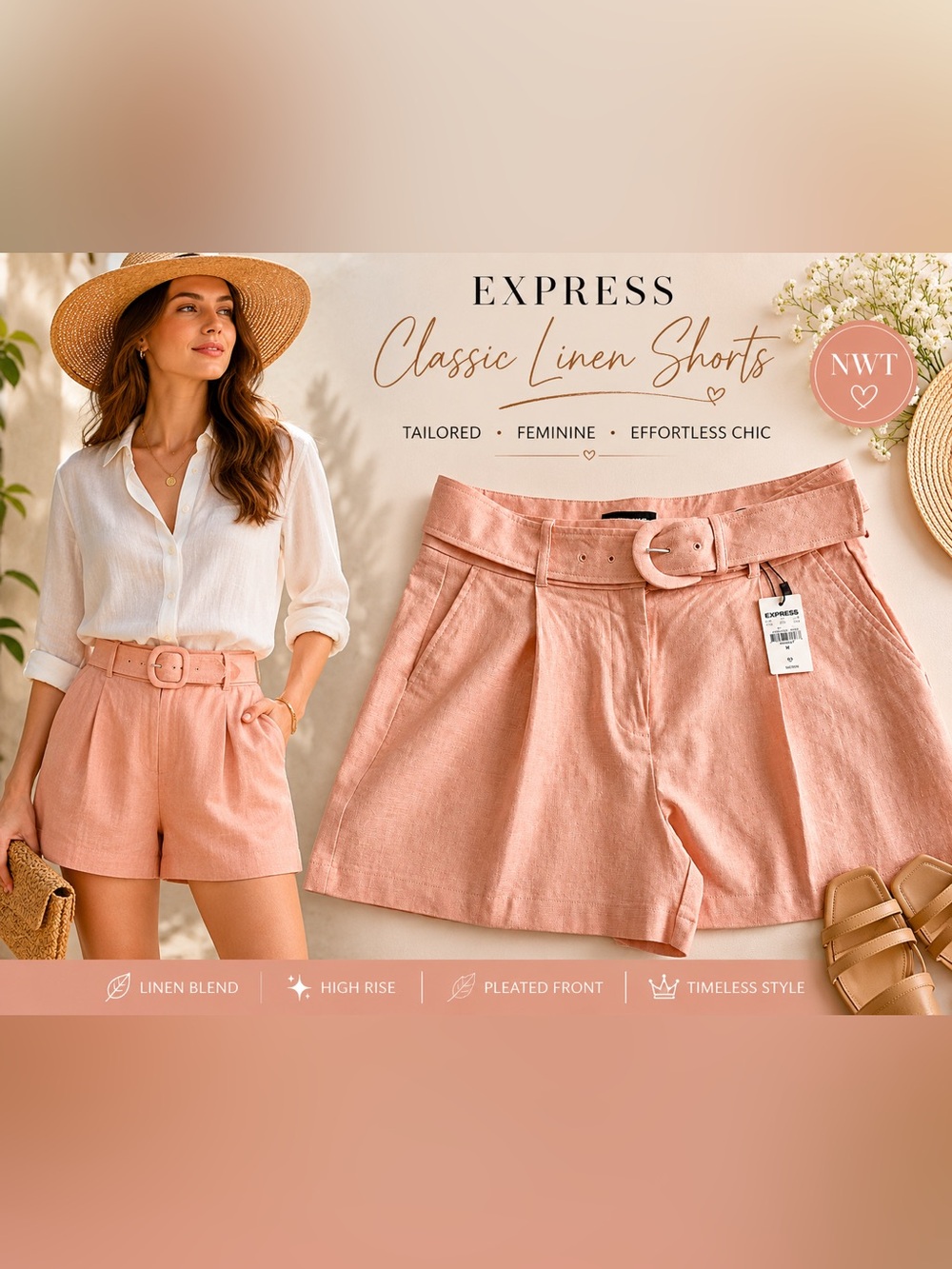 Express Blush Pink Linen Blend Shorts 6 NWT High Rise Resort Vacation Wear Chic